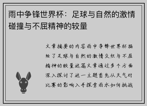 雨中争锋世界杯：足球与自然的激情碰撞与不屈精神的较量